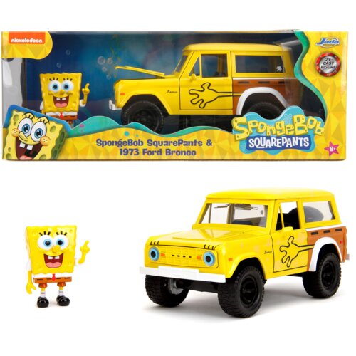Opakowanie zawiera żółty model samochodu z napisem "Bronco" oraz figurkę SpongeBoba, z tekstem "SpongeBob SquarePants & 1973 Ford Bronco". Na opakowaniu widoczne są loga Nickelodeon i Jada, a także napis "Die-Cast Figure".