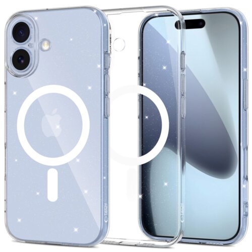 Przezroczysto-brokatowe etui na telefon z widocznym okręgiem MagSafe i logo Apple, zaprojektowane dla iPhone 17. Na etui znajduje się napis "TECH-PROTECT".