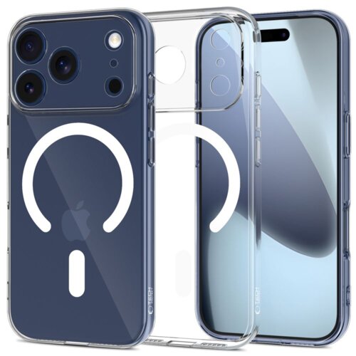 Przezroczyste etui TECH-PROTECT Flexair MagSafe do Apple iPhone 17 Pro jest pokazane z przodu i z tyłu, z widocznym białym wzorem w kształcie okręgu i linii. Na etui znajduje się logo TECH-PROTECT.