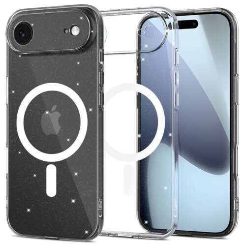 Przezroczysto-brokatowe etui TECH-PROTECT Flexair MagSafe do Apple iPhone 17 jest widoczne na zdjęciu, z wyraźnym okrągłym wzorem MagSafe i logo producenta. Etui ma błyszczące drobinki i jest pokazane na tle telefonu.