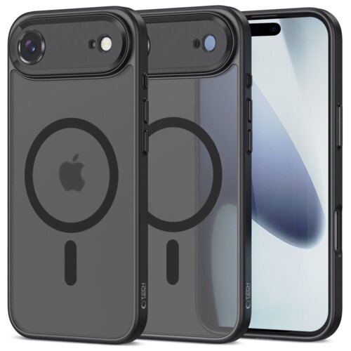 Na zdjęciu widoczne są trzy etui na telefon w kolorze czarnym matowym, z przezroczystym tyłem i okrągłym wzorem MagSafe. Na jednym z etui znajduje się logo "TECH-PROTECT".