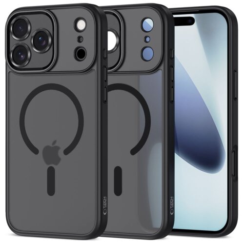 Na zdjęciu widoczne są trzy czarne, matowe etui na telefon z okrągłym wzorem i logo jabłka, przeznaczone do modelu iPhone 17 Pro. Na etui znajduje się napis "TECH-PROTECT".