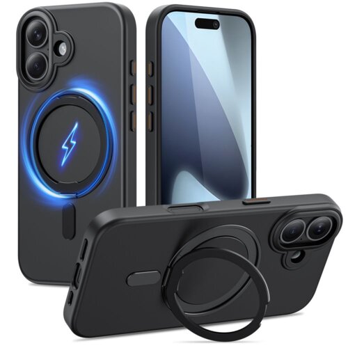 Czarne matowe etui TECH-PROTECT MagRing MagSafe do Apple iPhone 17, z widocznym okrągłym wzorem i symbolem błyskawicy, prezentowane jest z przodu i z tyłu telefonu. Etui posiada wycięcia na aparat i przyciski oraz pierścień na tylnej części.