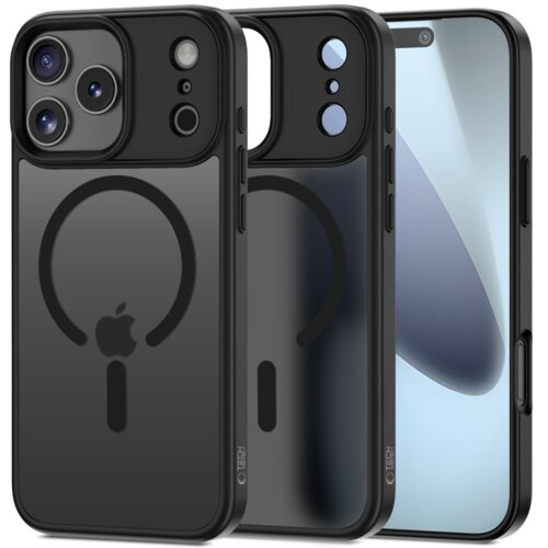 Czarne, matowe etui na telefon z trzema aparatami i logo w kształcie okręgu z jabłkiem, widoczne z przodu i z tyłu. Na etui znajduje się napis "TECH-PROTECT".