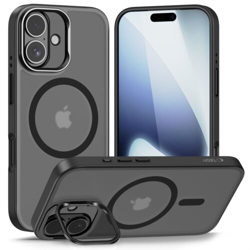 Na zdjęciu widoczne jest czarne matowe etui TECH-PROTECT MagStand MagSafe do Apple iPhone 17, z okrągłym wzorem na tylnej części oraz wycięciami na aparat i przyciski. Na etui znajduje się logo w kształcie nadgryzionego jabłka.