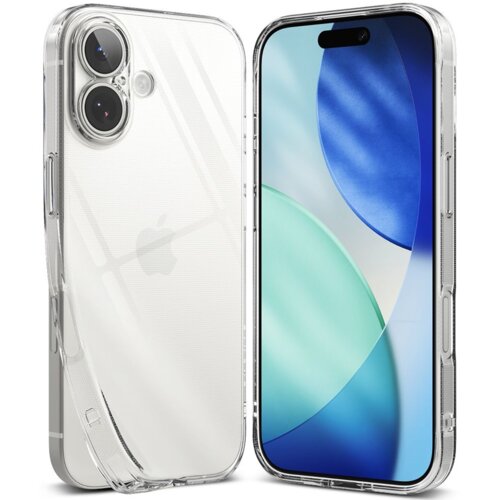 Przezroczyste etui na telefon z widocznymi dwoma dużymi otworami na aparaty oraz mniejszym na lampę błyskową, obok znajduje się telefon z wyświetlaczem pokazującym abstrakcyjną grafikę w odcieniach niebieskiego i zielonego. Na etui widoczne jest logo w ks