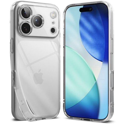 Przezroczysto-brokatowe etui na telefon z trzema dużymi otworami na aparaty oraz mniejszymi na lampę błyskową i inne czujniki. Obok etui znajduje się telefon z wyświetlaczem pokazującym abstrakcyjną grafikę w odcieniach niebieskiego i zielonego.