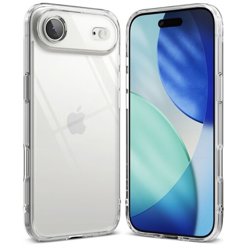 Przezroczyste etui na telefon z widocznym logo Apple, obok telefonu z wyświetlaczem pokazującym abstrakcyjną grafikę w odcieniach niebieskiego i zielonego. Etui ma wycięcia na aparat i przyciski.