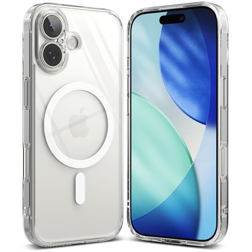 Przezroczyste etui RINGKE Fusion Magnetic MagSafe do Apple iPhone 17 jest pokazane z przodu i z tyłu, z widocznym okrągłym wzorem MagSafe. Na ekranie telefonu widoczna jest abstrakcyjna grafika w odcieniach niebieskiego i zielonego.