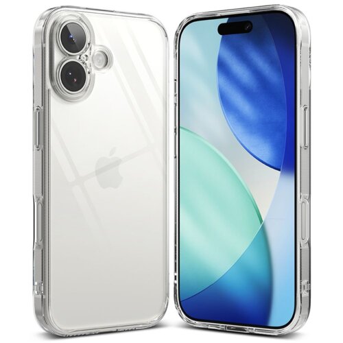 Przezroczyste etui na telefon z widocznymi wycięciami na aparat i przyciski, obok telefonu z wyświetlaczem pokazującym abstrakcyjne, niebiesko-zielone wzory. Na etui widoczne jest logo w kształcie nadgryzionego jabłka.