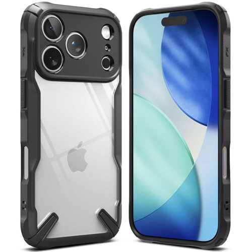 Czarno-przezroczyste etui na telefon z widocznym logo producenta, zaprojektowane z wyraźnymi wzmocnieniami na rogach. Obok etui znajduje się telefon z wyświetlaczem pokazującym abstrakcyjne, niebiesko-zielone kształty.