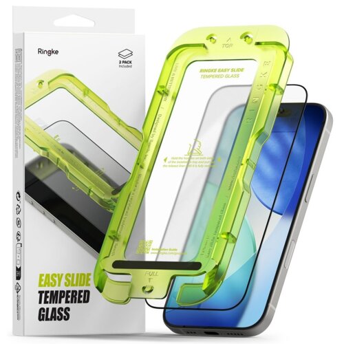 Opakowanie produktu z logo "Ringke" zawiera dwa szkła hartowane do telefonu, a na froncie widoczny jest zielony aplikator z napisem "RINGKE EASY SLIDE TEMPERED GLASS". Na opakowaniu znajduje się tekst "EASY SLIDE TEMPERED GLASS" oraz ikona wskazująca, że 