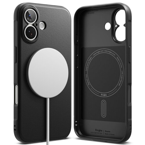 Czarne etui na telefon z widocznym okrągłym elementem magnetycznym oraz otworami na aparat i przyciski. Na wewnętrznej stronie etui znajduje się napis: "Ringke LIVE A BETTER DAY Made in Korea".