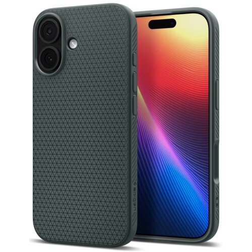 Zielone etui na telefon z teksturą w trójkątne wzory, widoczne na tle kolorowego ekranu. Na boku etui znajduje się napis "Spigen".