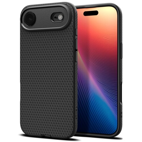 Czarne, matowe etui z geometrycznym wzorem na powierzchni, przeznaczone do telefonu, z widocznym logo "SPIGEN" na boku. Obok etui znajduje się telefon z kolorowym wyświetlaczem.