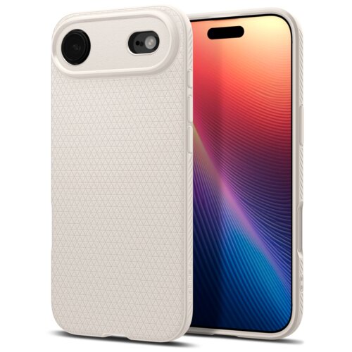 Beżowe etui na telefon z geometrycznym wzorem w trójkąty, widoczne z przodu i z tyłu, z wycięciami na aparat i przyciski. Na boku etui znajduje się napis "SPIGEN".