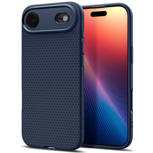 Granatowe etui na telefon z teksturą w trójkąty, obok którego znajduje się smartfon z kolorowym wyświetlaczem. Na etui widoczny jest napis "SPIGEN".