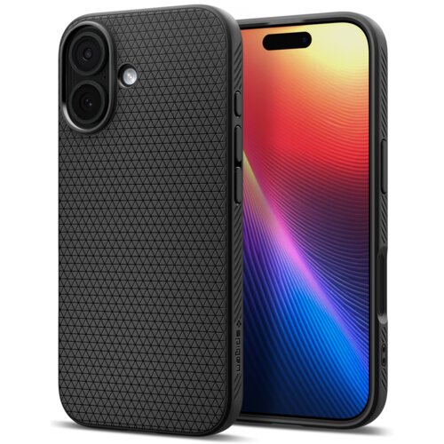 Czarne, matowe etui na telefon z teksturą w trójkątne wzory, widoczne z przodu i z tyłu, z wycięciami na aparat i przyciski. Na boku etui znajduje się napis "SPIGEN".