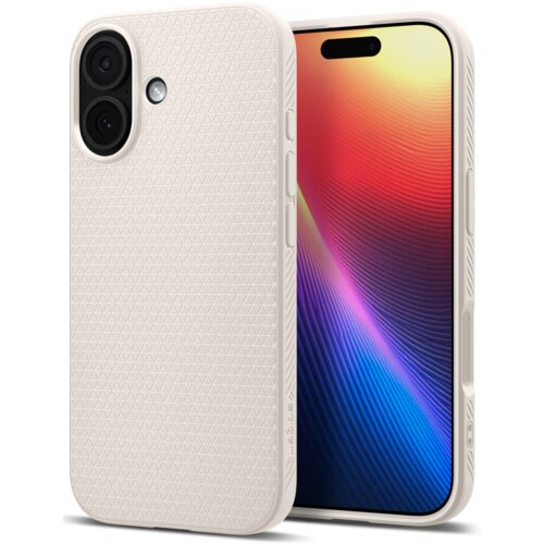 Na zdjęciu widoczne jest beżowe etui z geometrycznym wzorem, przeznaczone do telefonu Apple iPhone 17, obok którego znajduje się telefon z kolorowym wyświetlaczem. Na boku etui widnieje napis "SPIGEN".