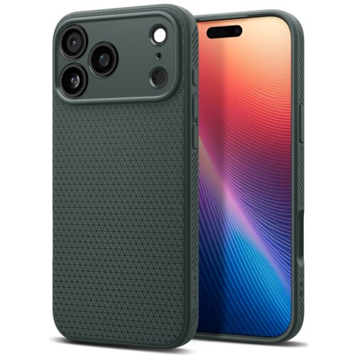 Zielone etui SPIGEN Liquid Air do Apple iPhone 17 Pro z trójkątnym wzorem na tylnej części, obok telefonu z kolorowym wyświetlaczem. Na etui widoczne są wycięcia na trzy obiektywy aparatu i logo SPIGEN.
