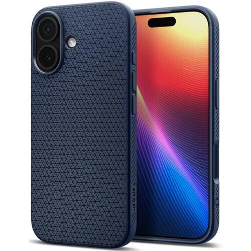 Granatowe etui SPIGEN Liquid Air do Apple iPhone 17 z geometrycznym wzorem w trójkąty, widoczne obok telefonu z kolorowym wyświetlaczem. Na etui znajduje się napis "spigen".