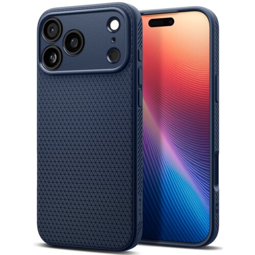Granatowe etui na telefon z trójkątnym wzorem na tylnej części, obok smartfona z kolorowym wyświetlaczem. Na etui widoczne są wycięcia na trzy obiektywy aparatu i logo "SPIGEN" na boku.