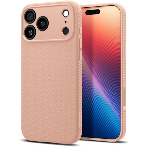 Różowe etui na telefon z teksturą w trójkąty, widoczne z przodu i z tyłu, z wycięciami na aparat i przyciski. Na boku etui znajduje się napis "SPIGEN".