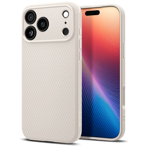 Beżowe etui z trójkątnym wzorem na tylnym panelu, zaprojektowane dla telefonu Apple iPhone 17 Pro, z widocznymi trzema otworami na aparaty i logo "SPIGEN" na boku. Obok etui znajduje się telefon z kolorowym wyświetlaczem.