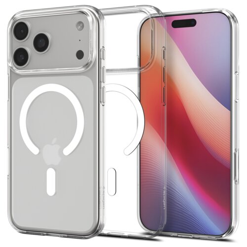 Przezroczyste etui na telefon z widocznym okrągłym wzorem MagSafe i logo jabłka, obok telefonu z kolorowym ekranem. Na etui znajduje się napis "SPIGEN".
