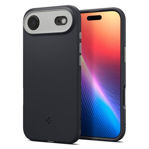 Czarne etui na telefon z widocznym logo producenta, obok którego znajduje się smartfon z kolorowym wyświetlaczem. Na etui widoczny jest otwór na aparat oraz przyciski boczne.
