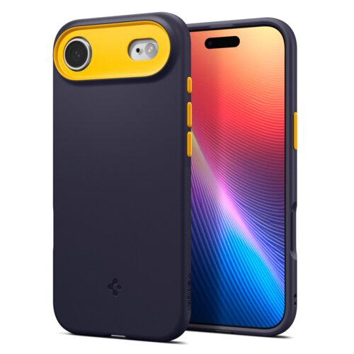 Granatowe etui na telefon z żółtymi akcentami wokół aparatu i przycisków, z widocznym logo producenta na dole. Obok etui znajduje się telefon z kolorowym gradientem na ekranie.