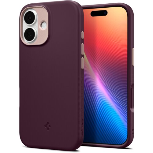 Burgundowe etui na telefon z widocznymi przyciskami bocznymi i wycięciami na aparat, obok którego znajduje się telefon z kolorowym wyświetlaczem. Na etui widoczne jest logo producenta oraz napis "SPIGEN".