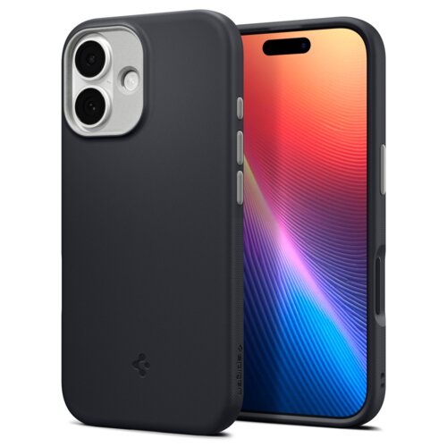 Czarne etui na telefon z widocznym logo producenta i napisem "spigen" na boku, obok telefonu z kolorowym wyświetlaczem. Etui ma wycięcia na aparat i przyciski boczne.