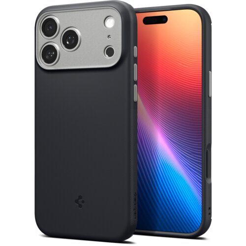 Czarne etui na telefon z trzema otworami na aparaty i dodatkowymi wycięciami, obok widoczny telefon z kolorowym ekranem. Na etui znajduje się logo producenta oraz napis "SPIGEN".