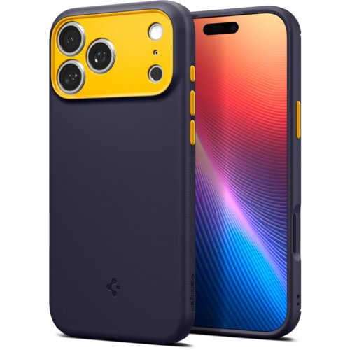 Granatowe etui na telefon z żółtymi akcentami wokół aparatu i przycisków, z widocznym logo producenta w dolnej części. Obok etui znajduje się telefon z kolorowym wyświetlaczem.