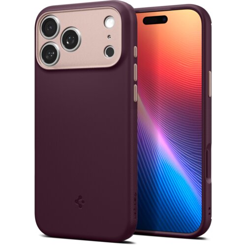 Burgundowe etui na telefon z trzema dużymi otworami na aparaty oraz mniejszymi na lampę błyskową i mikrofon, z widocznym logo producenta w dolnej części. Obok etui znajduje się telefon z kolorowym, gradientowym ekranem.