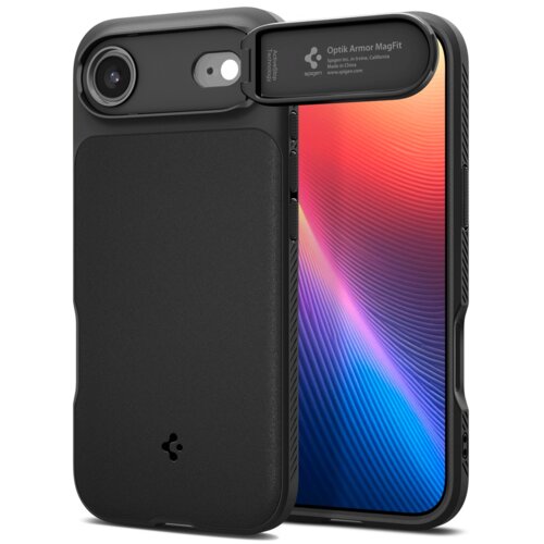 Czarne etui na telefon z widocznym logo producenta i przesuwanym elementem ochronnym na aparat, na którym znajduje się napis: "Optik Armor MagFit, Spigen Inc., Irvine, California, Made in China, spigen.com". W tle widoczny jest ekran telefonu z kolorowym 