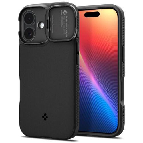 Czarne etui na telefon z widocznym logo producenta na dole oraz napisem "Optik Armor MagFit" na przesuwnej osłonie aparatu. Etui jest założone na telefon z kolorowym wyświetlaczem.