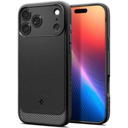 Czarne matowe etui z trzema otworami na aparaty i teksturowanym wykończeniem, widoczne na tle gradientowego ekranu telefonu. Na dole etui znajduje się małe logo producenta.