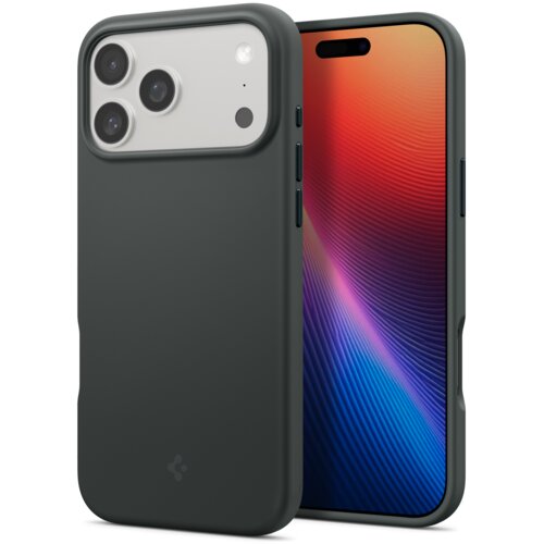 Ciemnozielone etui na telefon z trzema wycięciami na aparaty oraz logo producenta w dolnej części. Obok etui widoczny jest telefon z kolorowym wyświetlaczem.