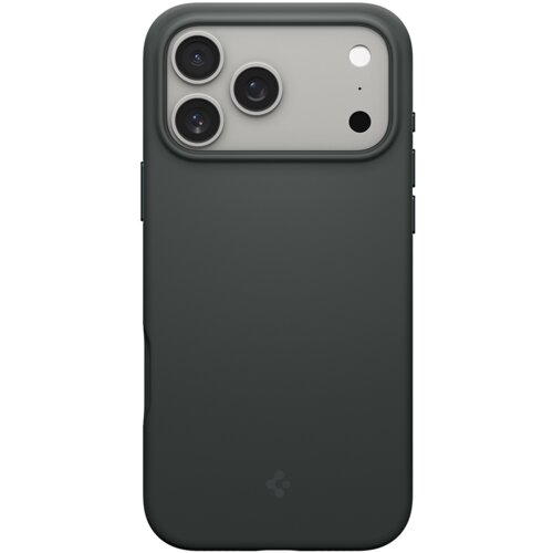 Ciemnozielone etui na telefon z trzema wycięciami na aparaty i dodatkowymi otworami na inne elementy. Na dole widoczne jest subtelne logo producenta.
