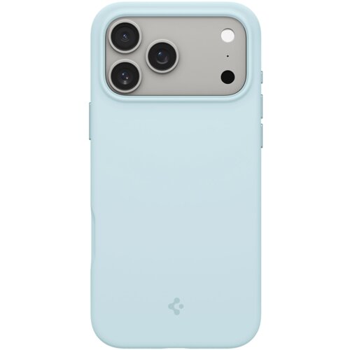 Jasnoniebieskie etui na telefon z trzema wycięciami na aparaty oraz dodatkowymi otworami na lampę i mikrofon. Na dole etui widoczne jest logo producenta.