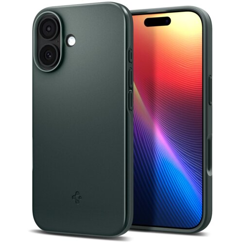 Zielone etui na telefon z widocznymi przyciskami bocznymi i wycięciem na aparat, obok którego znajduje się telefon z kolorowym wyświetlaczem. Na etui widoczne jest logo producenta.