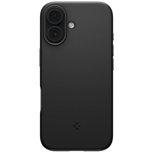Czarne etui na telefon z dwoma otworami na aparaty fotograficzne i okrągłym otworem na lampę błyskową, posiada subtelne logo producenta w dolnej części. Powierzchnia etui jest gładka i matowa.