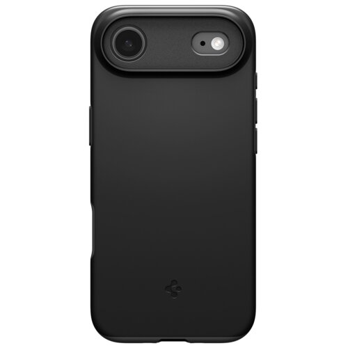 Czarne etui na telefon z wycięciem na aparat i logo producenta w dolnej części. Etui ma gładką powierzchnię i jest przeznaczone do modelu Apple iPhone.