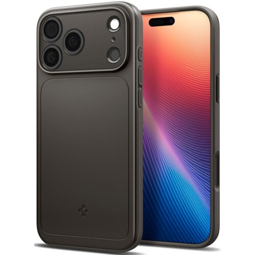 Szare etui na telefon z trzema dużymi otworami na aparaty oraz mniejszymi otworami na inne elementy, widoczne z przodu i z tyłu. Na etui znajduje się małe logo producenta.