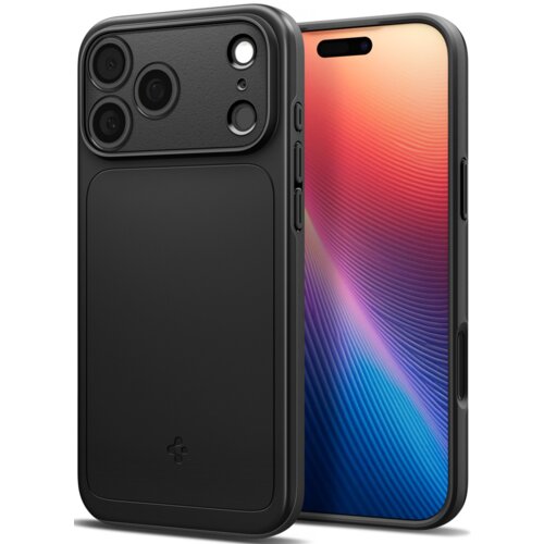 Czarne etui na telefon z trzema dużymi otworami na aparaty i mniejszymi otworami na inne elementy, widoczne z przodu i z tyłu. Na etui znajduje się małe logo producenta w dolnej części.