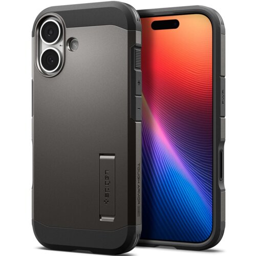 Na zdjęciu widoczne jest szare etui na telefon z napisem "SPIGEN" oraz "TOUGH ARMOR" na bocznej krawędzi. Etui posiada wycięcia na aparat i przyciski, a w tle widać ekran telefonu z kolorowym gradientem.