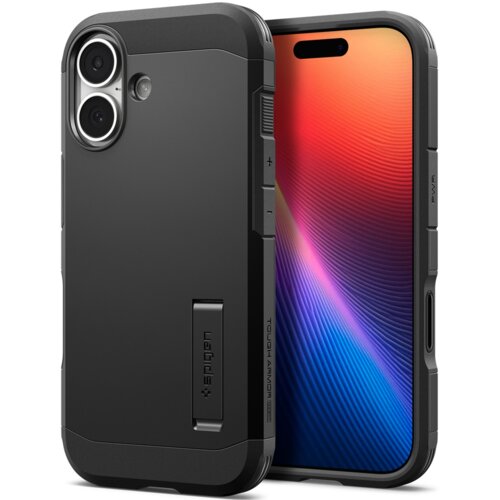 Czarne etui na telefon z widocznymi dwoma otworami na aparaty oraz napisem "SPIGEN" na wbudowanej podpórce. Na bocznej krawędzi znajduje się napis "TOUGH ARMOR" oraz przyciski oznaczone symbolami "+" i "PWR".
