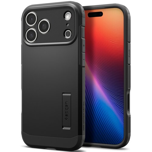 Czarne etui na telefon z trzema dużymi otworami na aparaty i jednym mniejszym, posiada wbudowaną podpórkę z napisem "Spigen". Obok etui widoczny jest telefon z kolorowym, gradientowym ekranem.